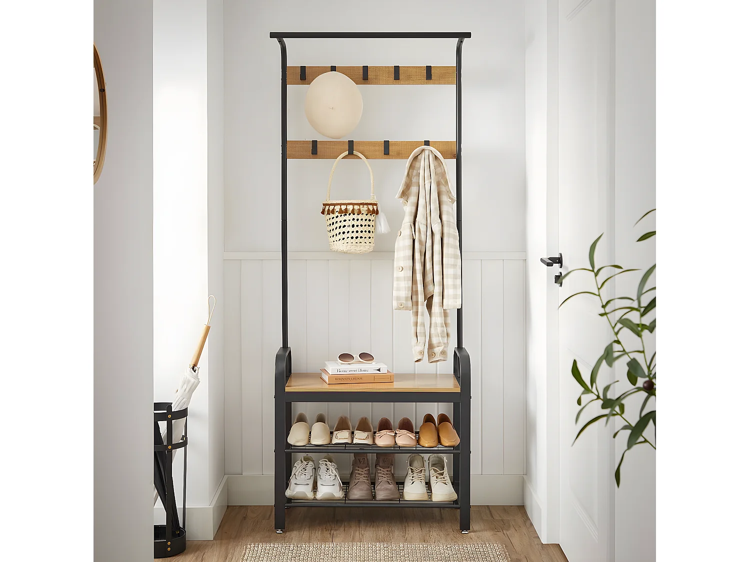 MOREN - Porte-manteaux avec banc style moderne couloir - 72x33.7x183 cm - Meuble d'entrée