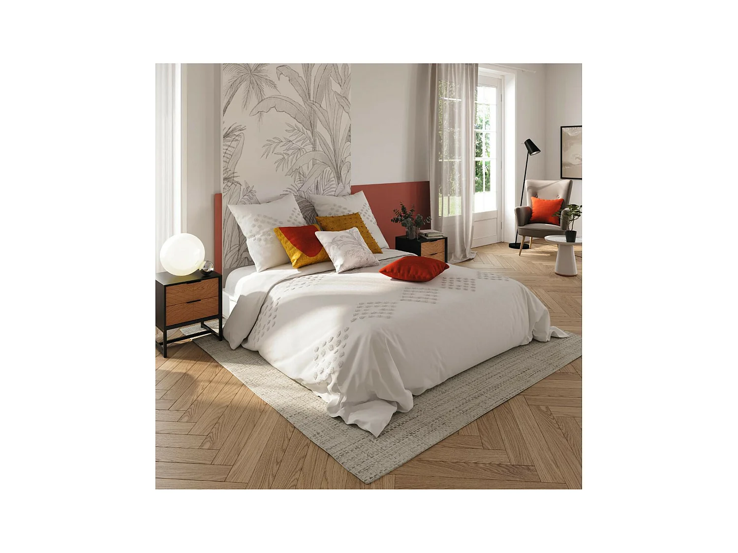 Parure de lit 2 Personnes 240 x 220 cm Housse de couette avec 2 taies en Coton lavé Ivoire et tufté
