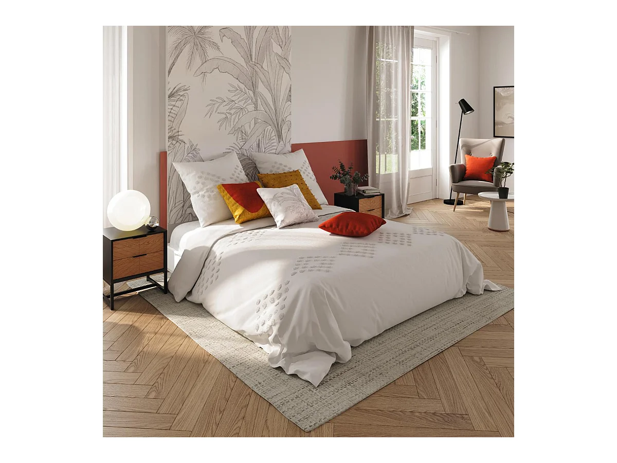 Parure de lit 2 Personnes 240 x 220 cm Housse de couette avec 2 taies en Coton lavé Ivoire et tufté