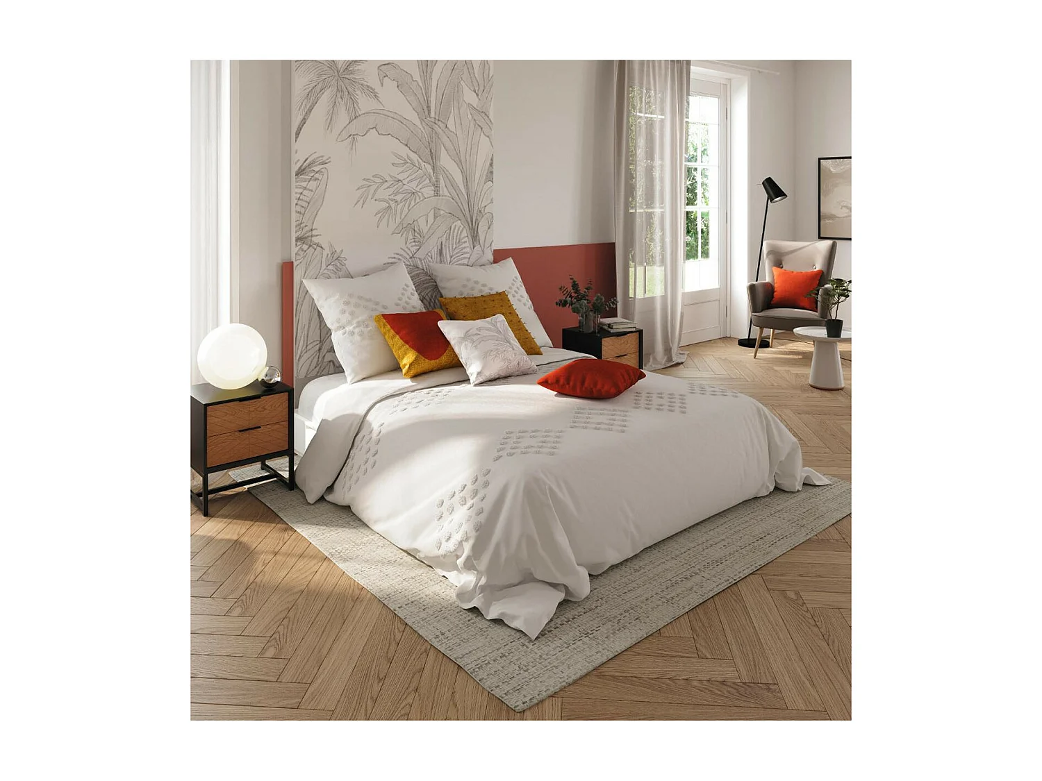 Parure de lit 2 Personnes 240 x 220 cm Housse de couette avec 2 taies en Coton lavé Ivoire et tufté