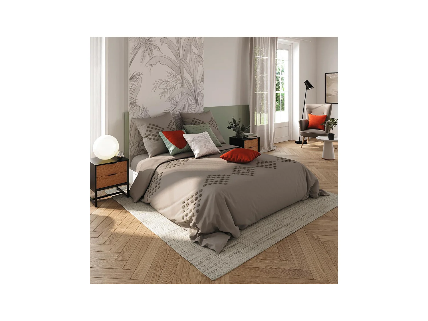 Parure de lit 2 Personnes 240 x 220 cm Housse de couette avec 2 taies en Coton lavé Gris et tufté