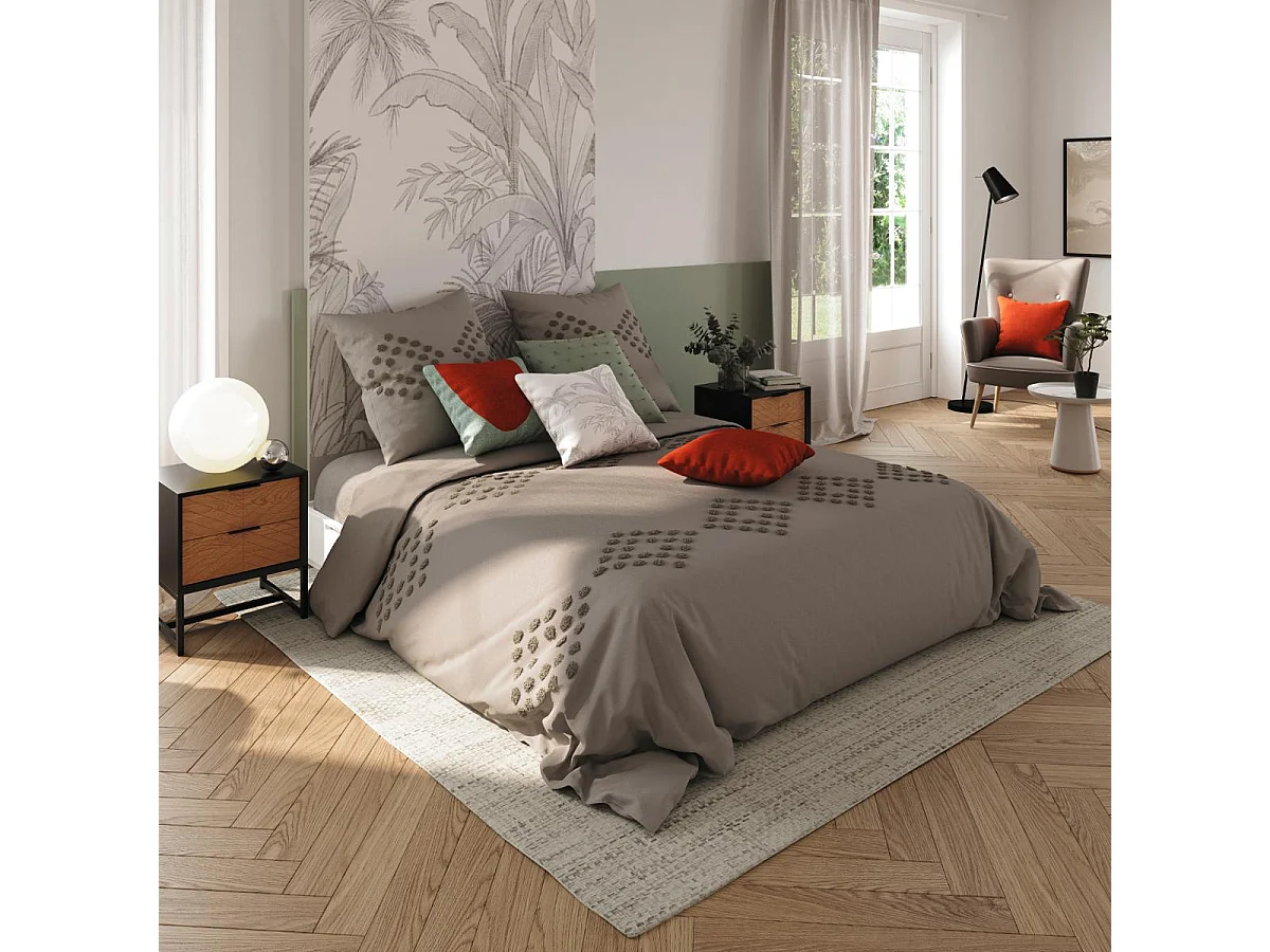 Parure de lit 2 Personnes 240 x 220 cm Housse de couette avec 2 taies en Coton lavé Gris et tufté