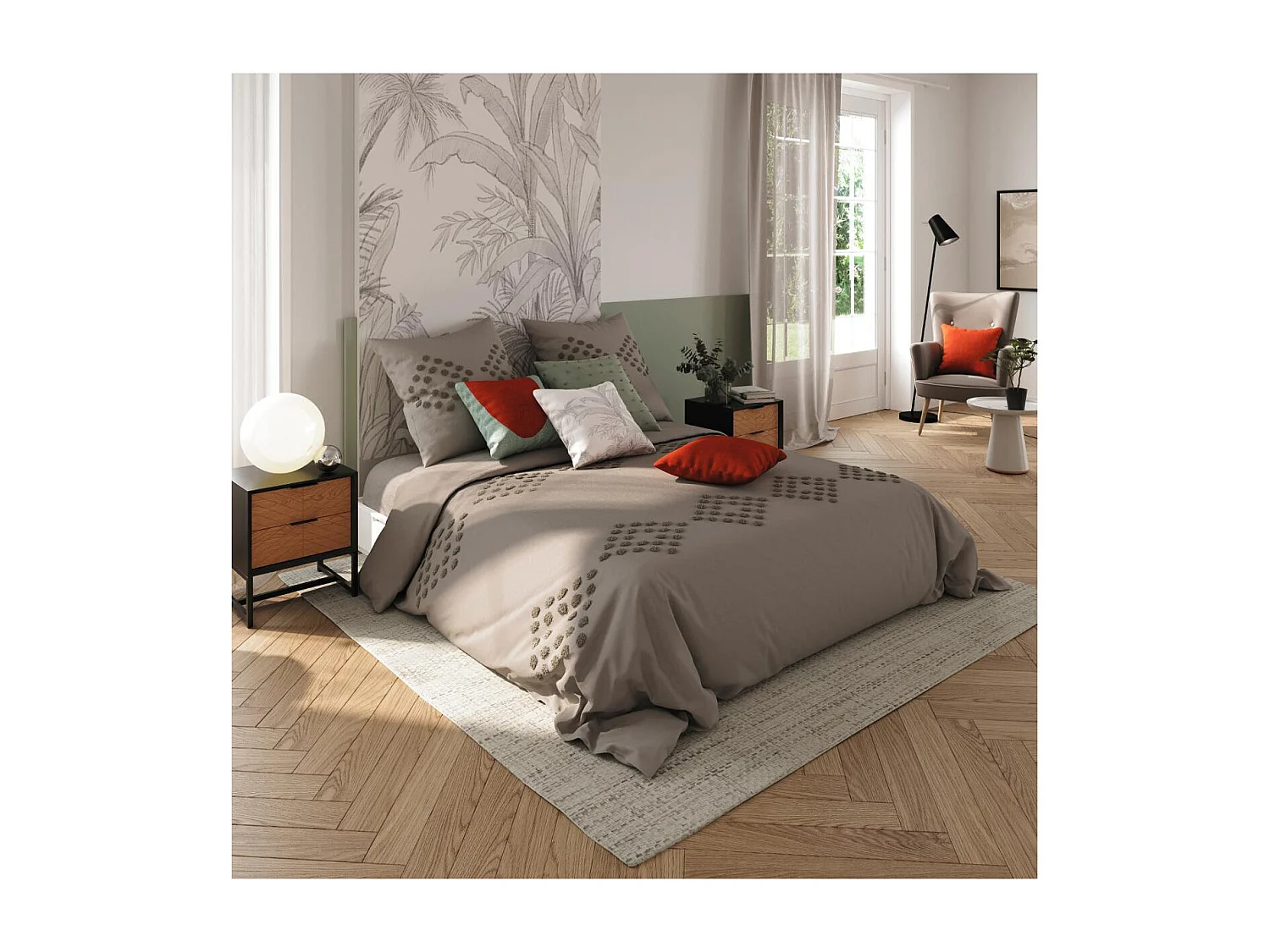 Parure de lit 2 Personnes 240 x 220 cm Housse de couette avec 2 taies en Coton lavé Gris et tufté
