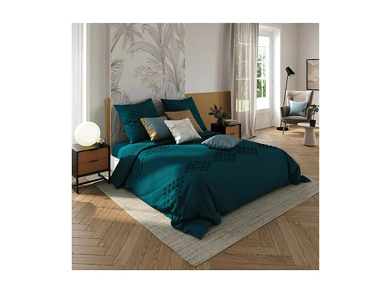 Parure de lit 2 Personnes 240 x 220 cm Housse de couette avec 2 taies Coton lavé Bleu Canard tufté