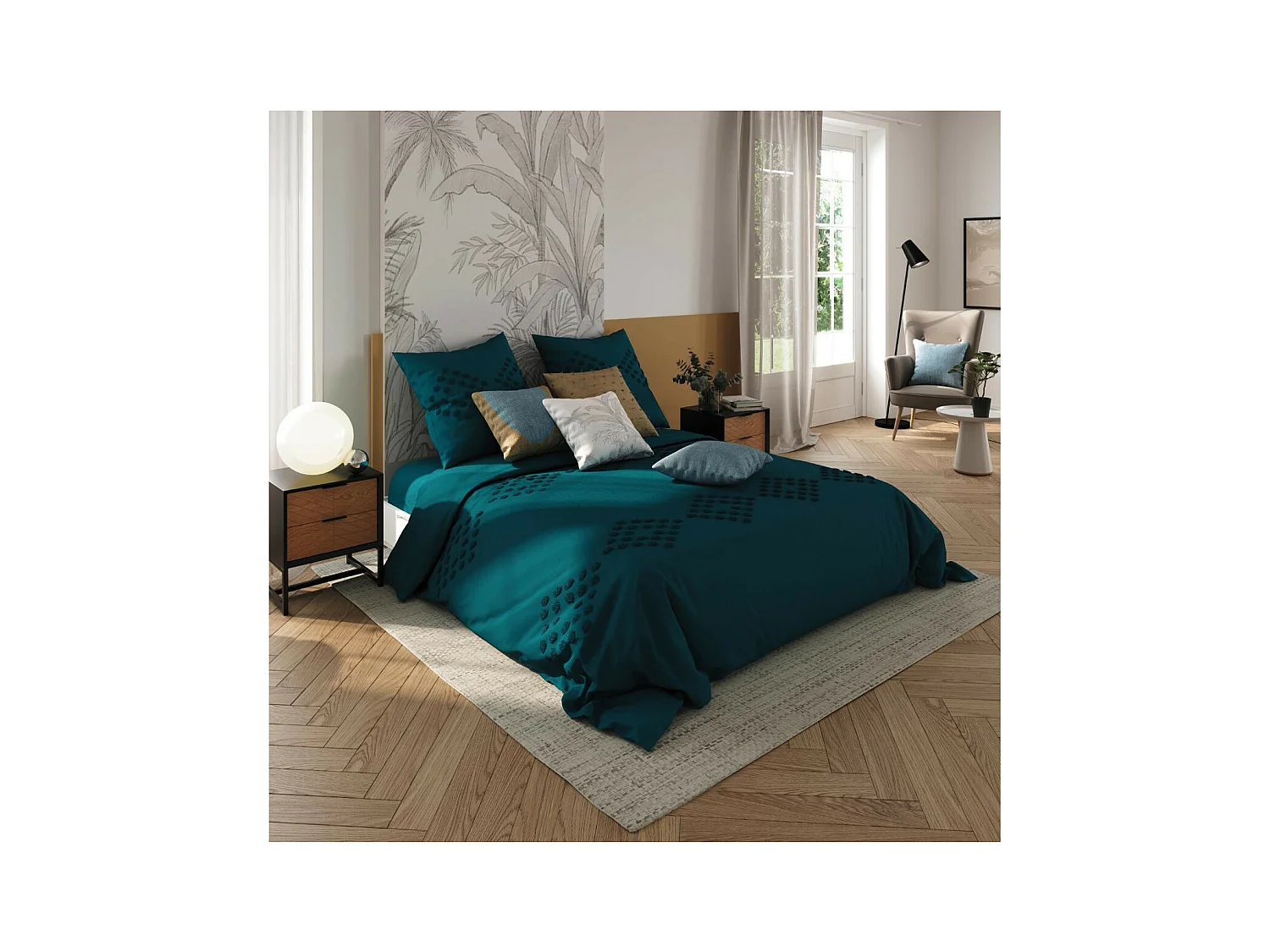 Parure de lit 2 Personnes 240 x 220 cm Housse de couette avec 2 taies Coton lavé Bleu Canard tufté