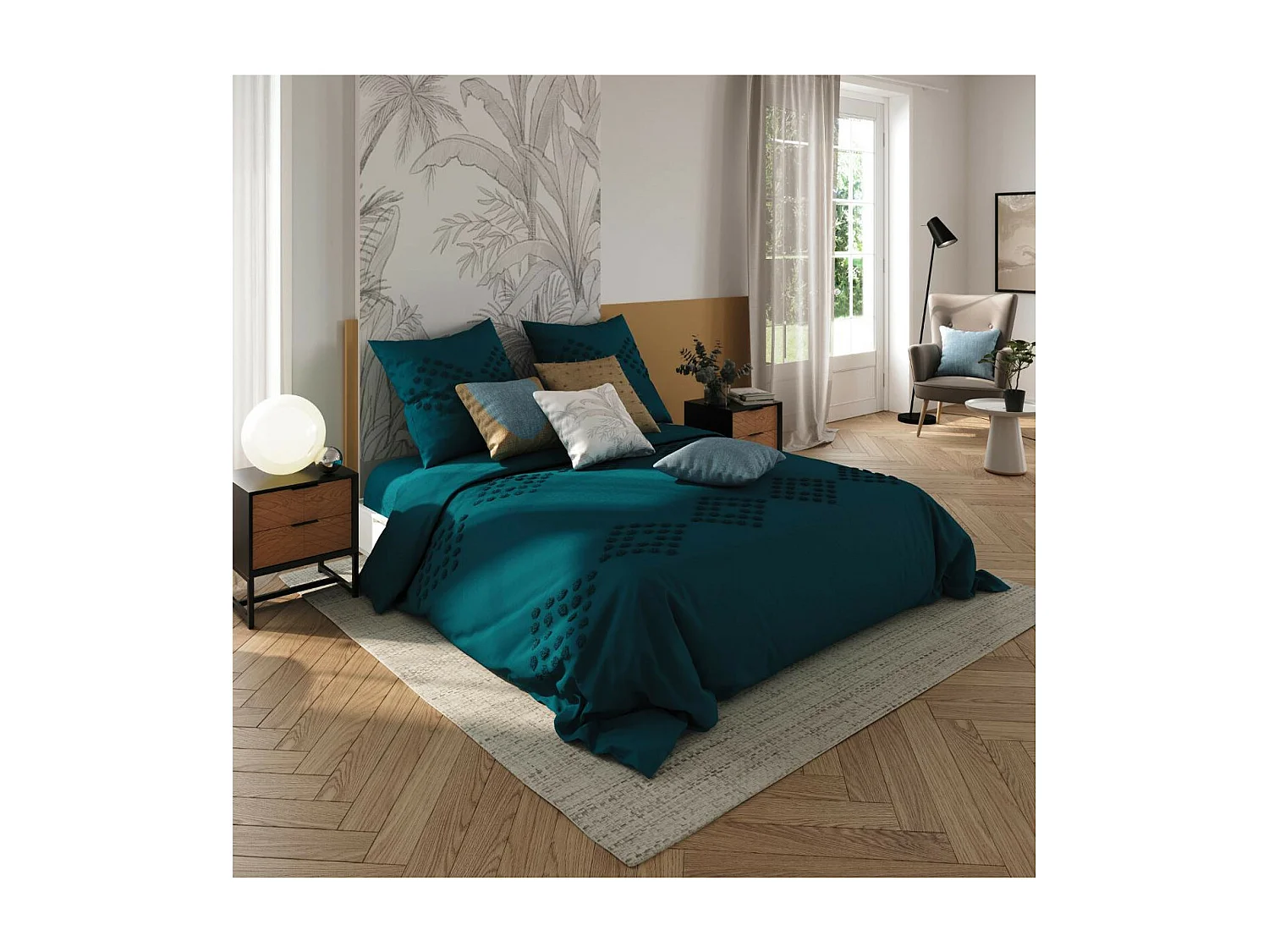 Parure de lit 2 Personnes 240 x 220 cm Housse de couette avec 2 taies Coton lavé Bleu Canard tufté