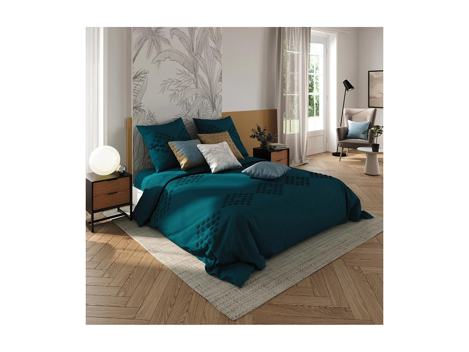 Parure de lit 2 Personnes 240 x 220 cm Housse de couette avec 2 taies Coton lavé Bleu Canard tufté