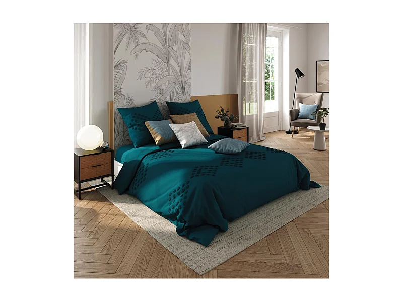 Parure de lit 2 Personnes 240 x 220 cm Housse de couette avec 2 taies Coton lavé Bleu Canard tufté