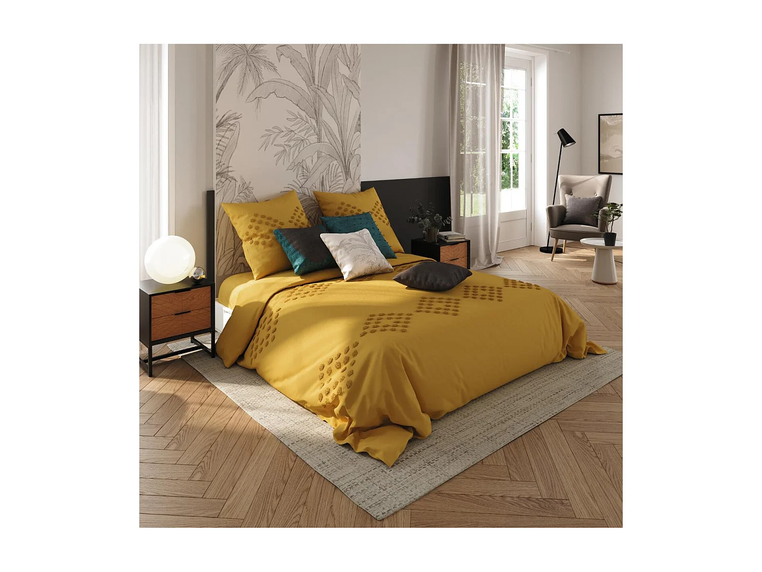Parure de lit 2 Personnes 240 x 220 cm Housse de couette avec 2 taies en Coton lavé Ocre et tufté