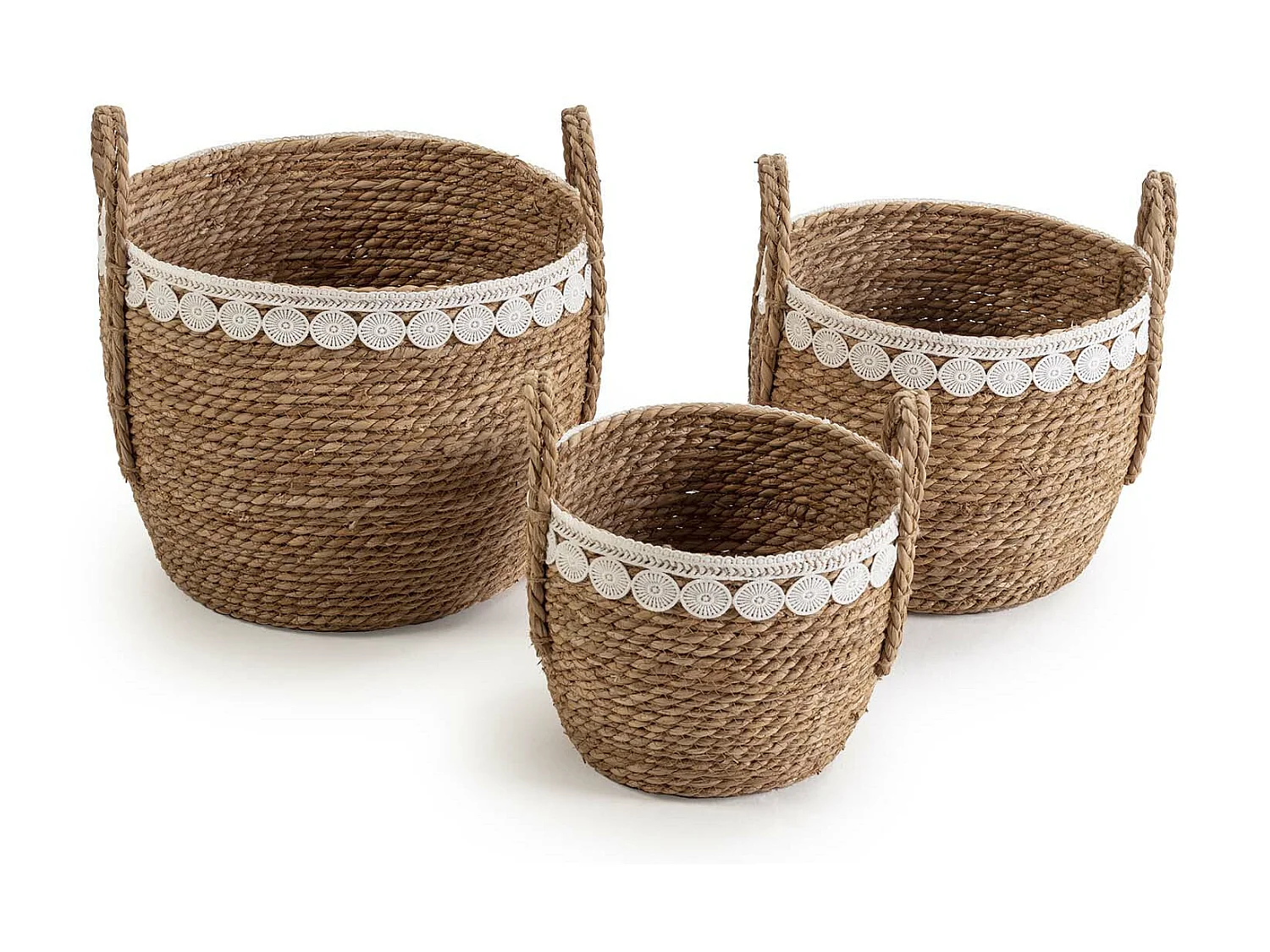 Set di 3 cestini Yasmina in fibra naturale con manici, bianco/naturale