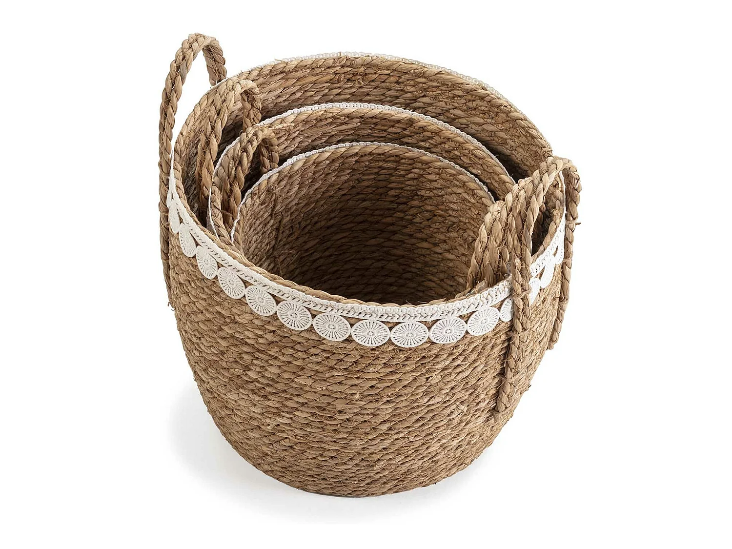 Set di 3 cestini Yasmina in fibra naturale con manici, bianco/naturale