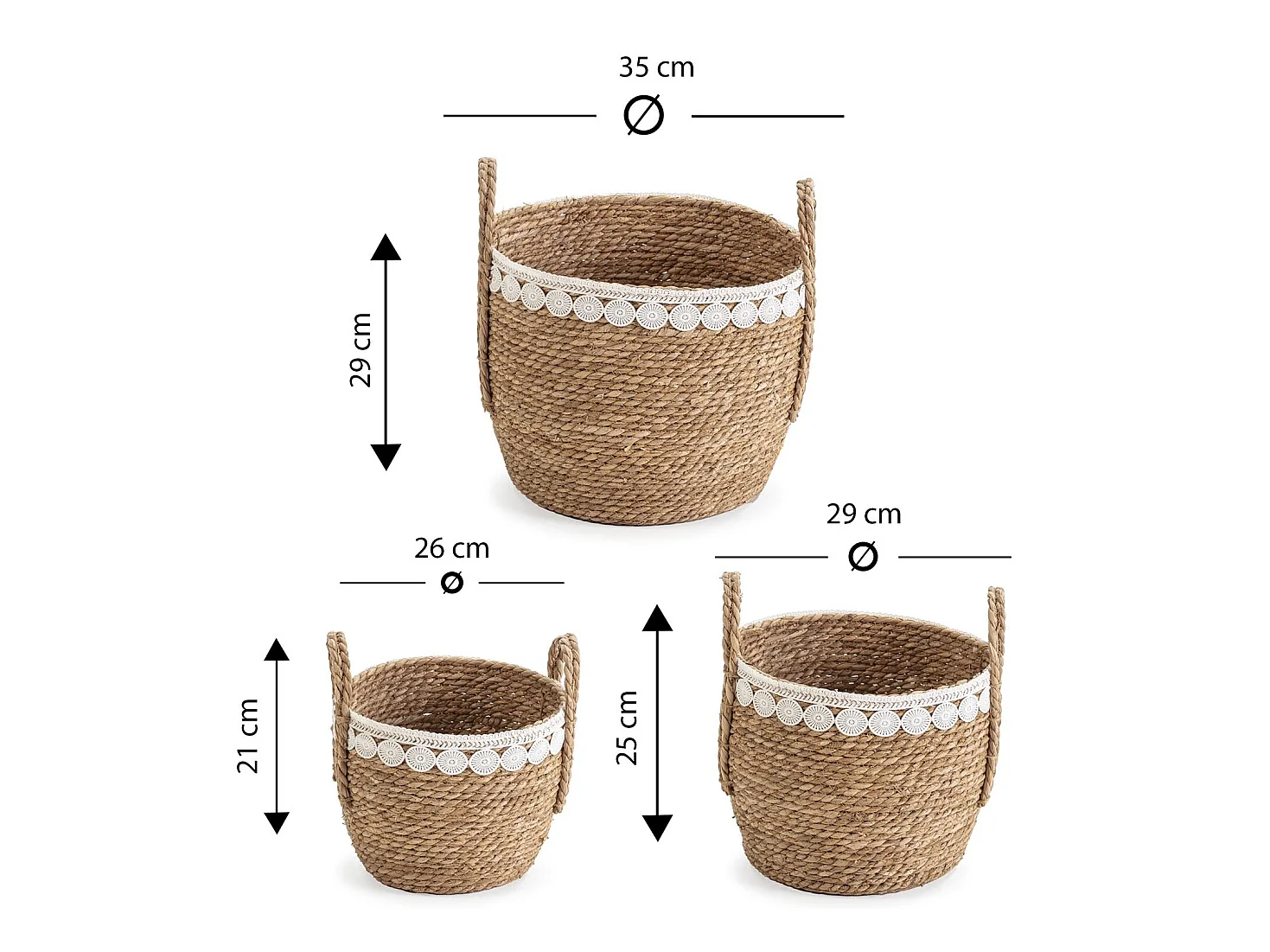 Set di 3 cestini Yasmina in fibra naturale con manici, bianco/naturale