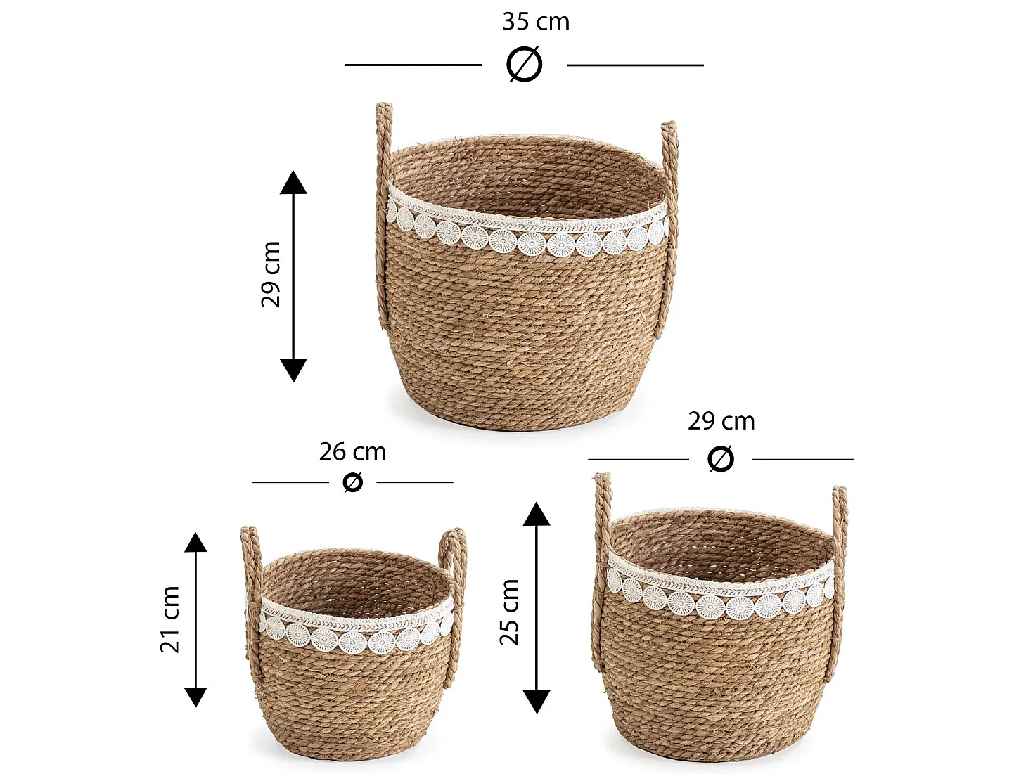 Set van 3 Yasmina manden van natuurlijke vezels met handvatten, wit/natuurlijk
