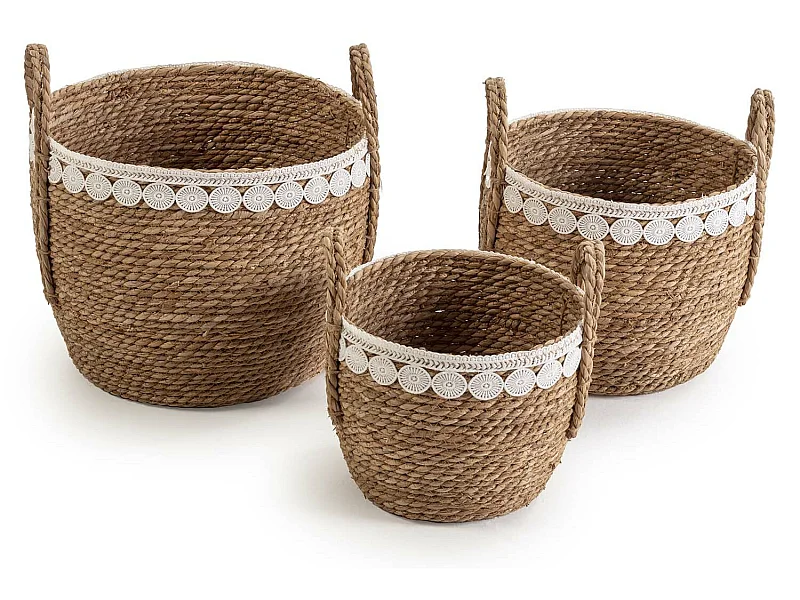 Conjunto de 3 cestas Yasmina de fibra natural com alças, branco/natural.