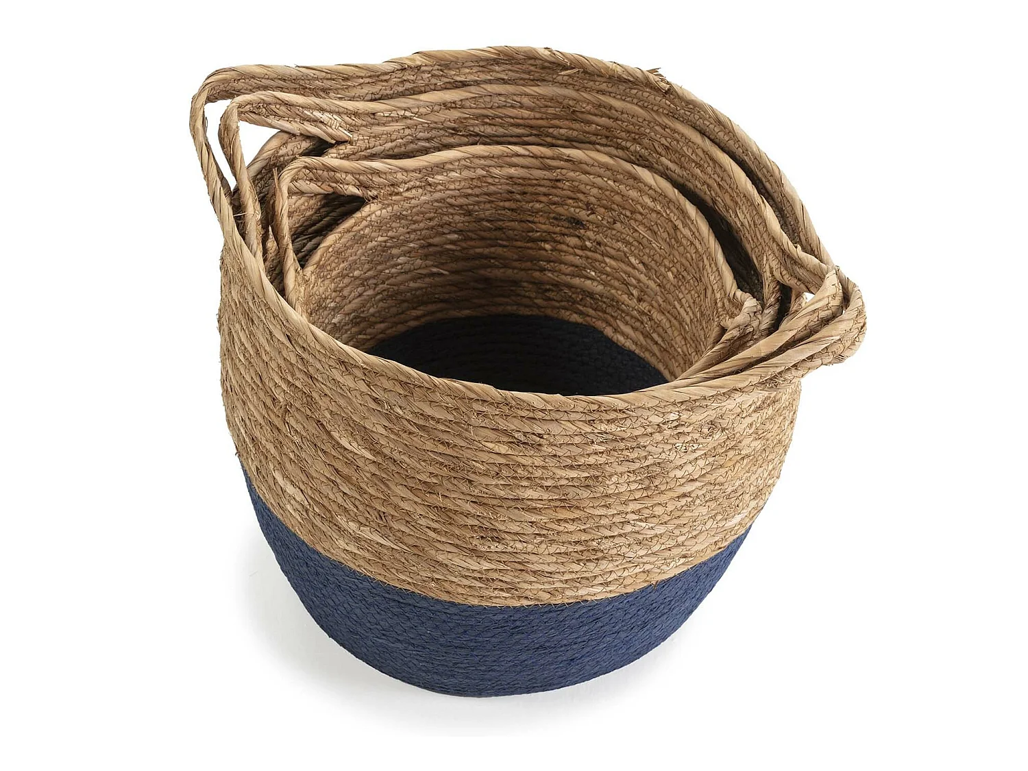 Conjunto de 3 cestas Anxo de fibra natural com alças, azul/natural.