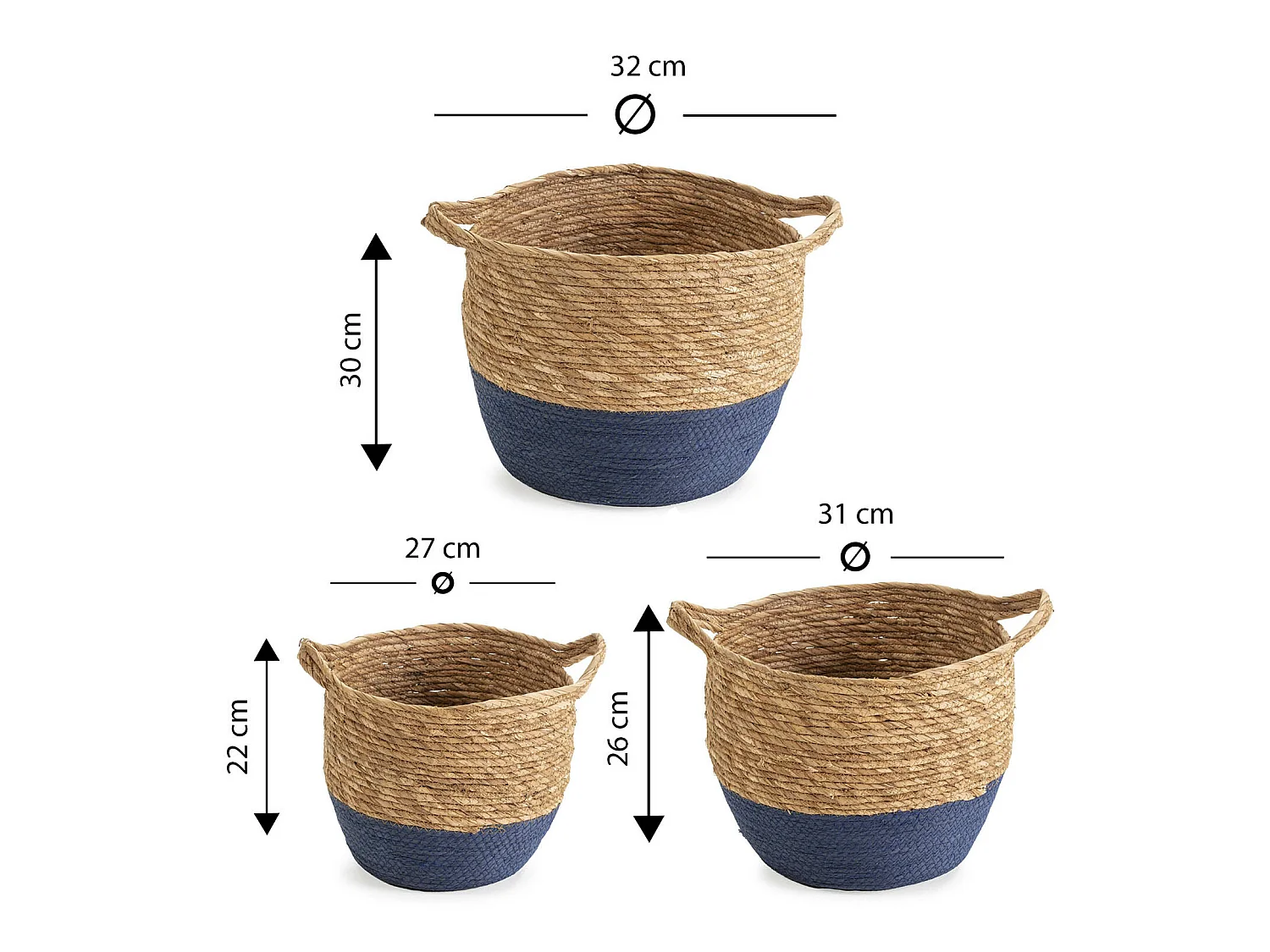 Conjunto de 3 cestas Anxo de fibra natural com alças, azul/natural.