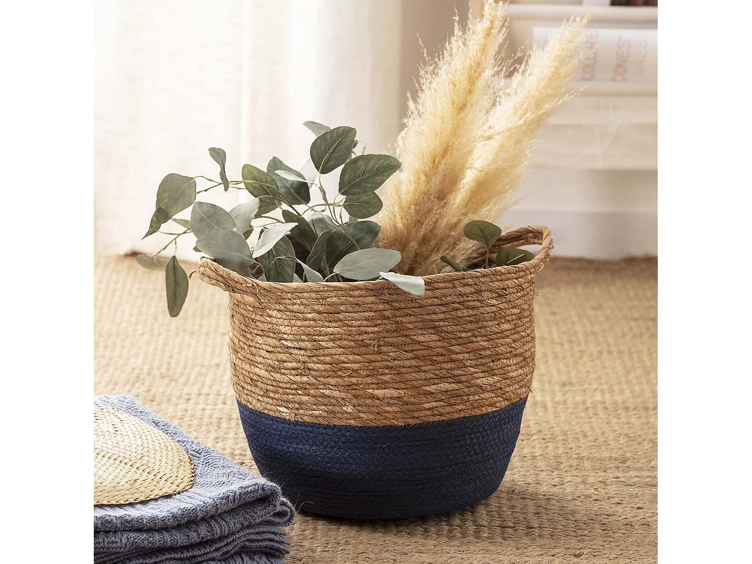 Set de 3 paniers Anxo fibre naturelle, bleu/naturel