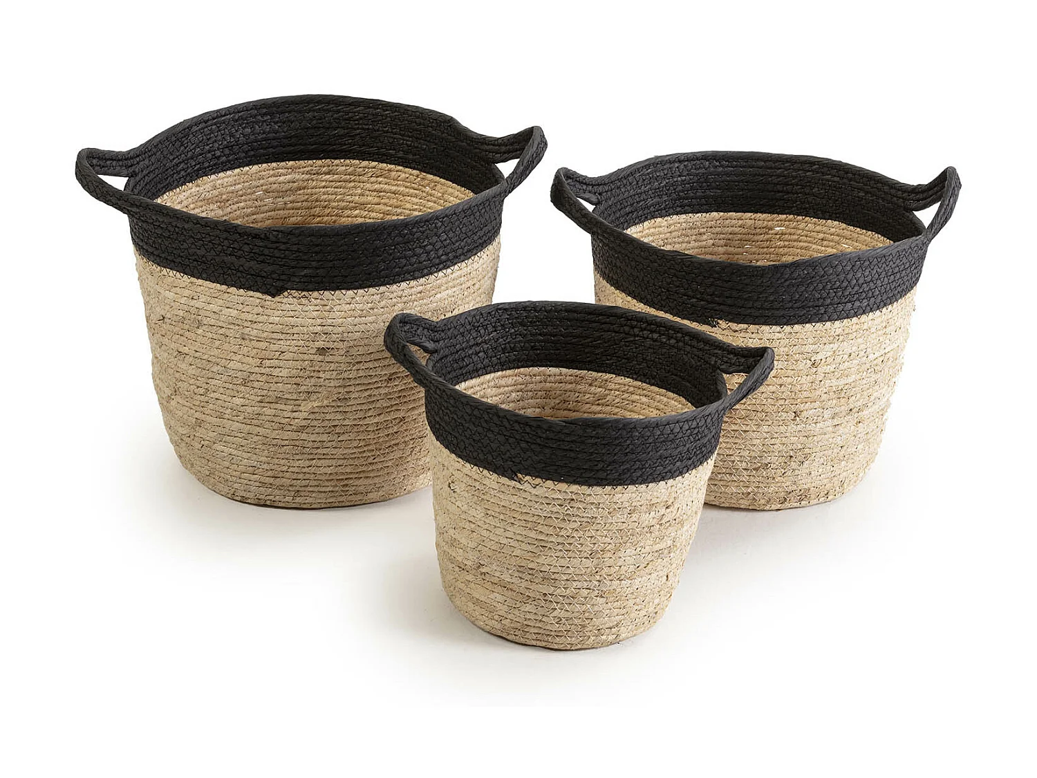 Conjunto de 3 cestas Otilia de fibra natural e papel, preto/bege com alças.
