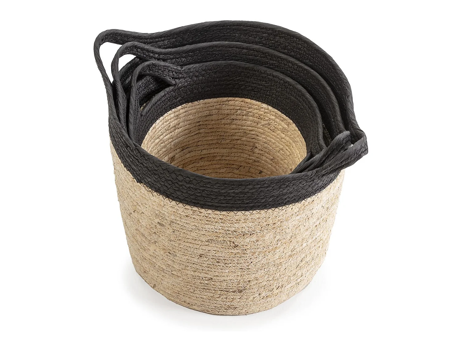 Conjunto de 3 cestas Otilia de fibra natural e papel, preto/bege com alças.