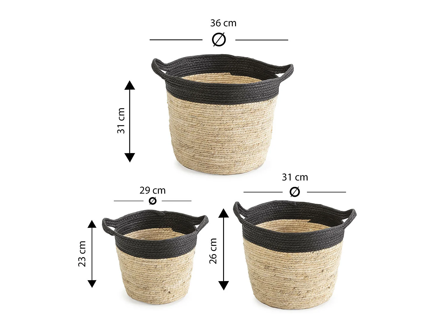 Conjunto de 3 cestas Otilia de fibra natural e papel, preto/bege com alças.