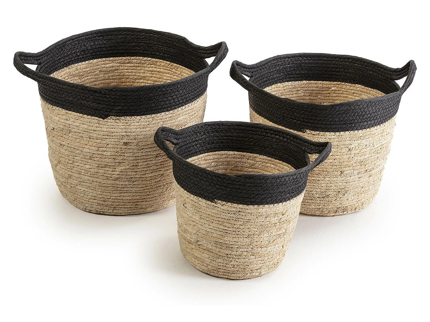 Set de 3 paniers Otilia fibre naturelle et papier, noir/beige
