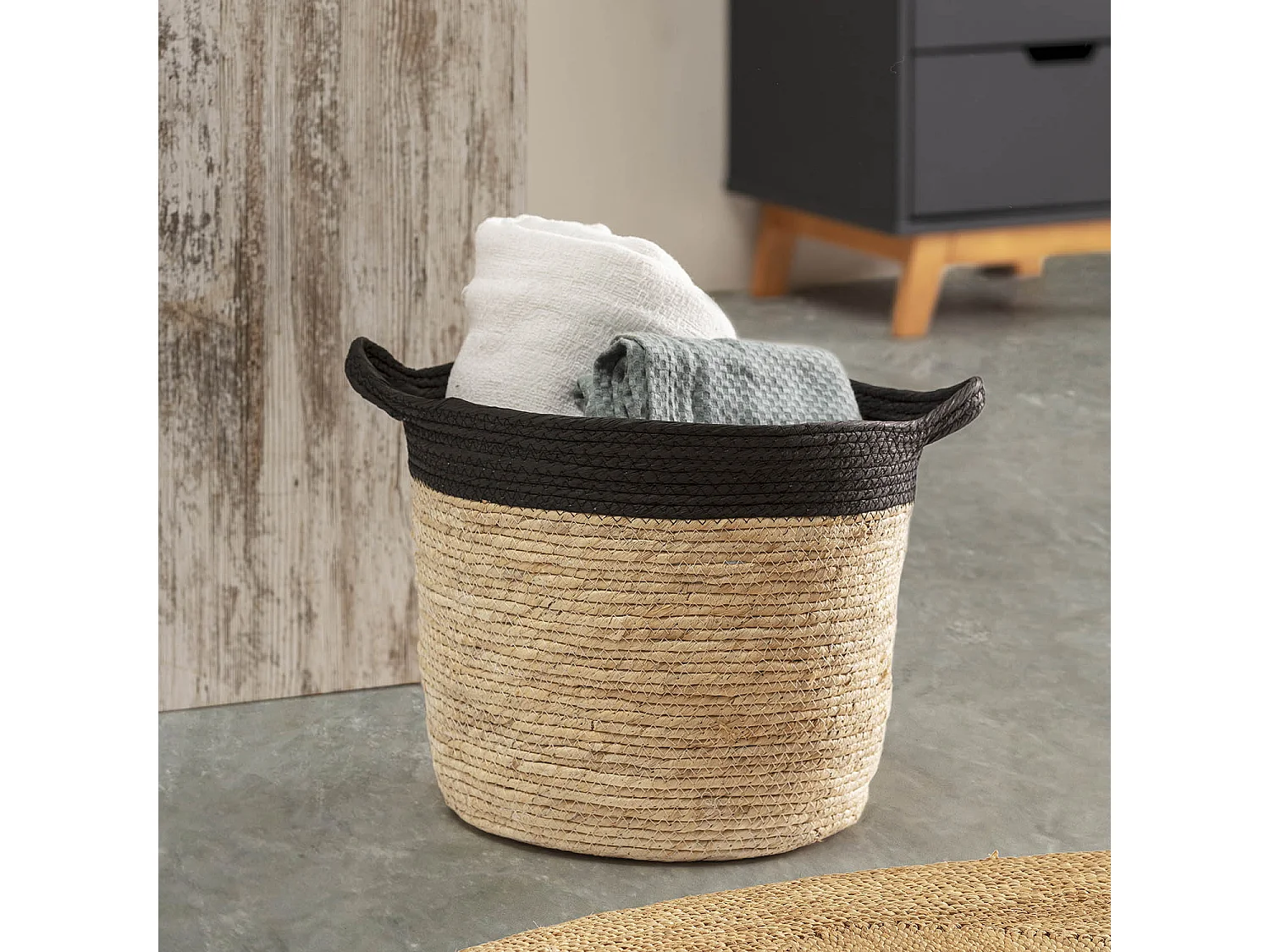 Set de 3 paniers Otilia fibre naturelle et papier, noir/beige