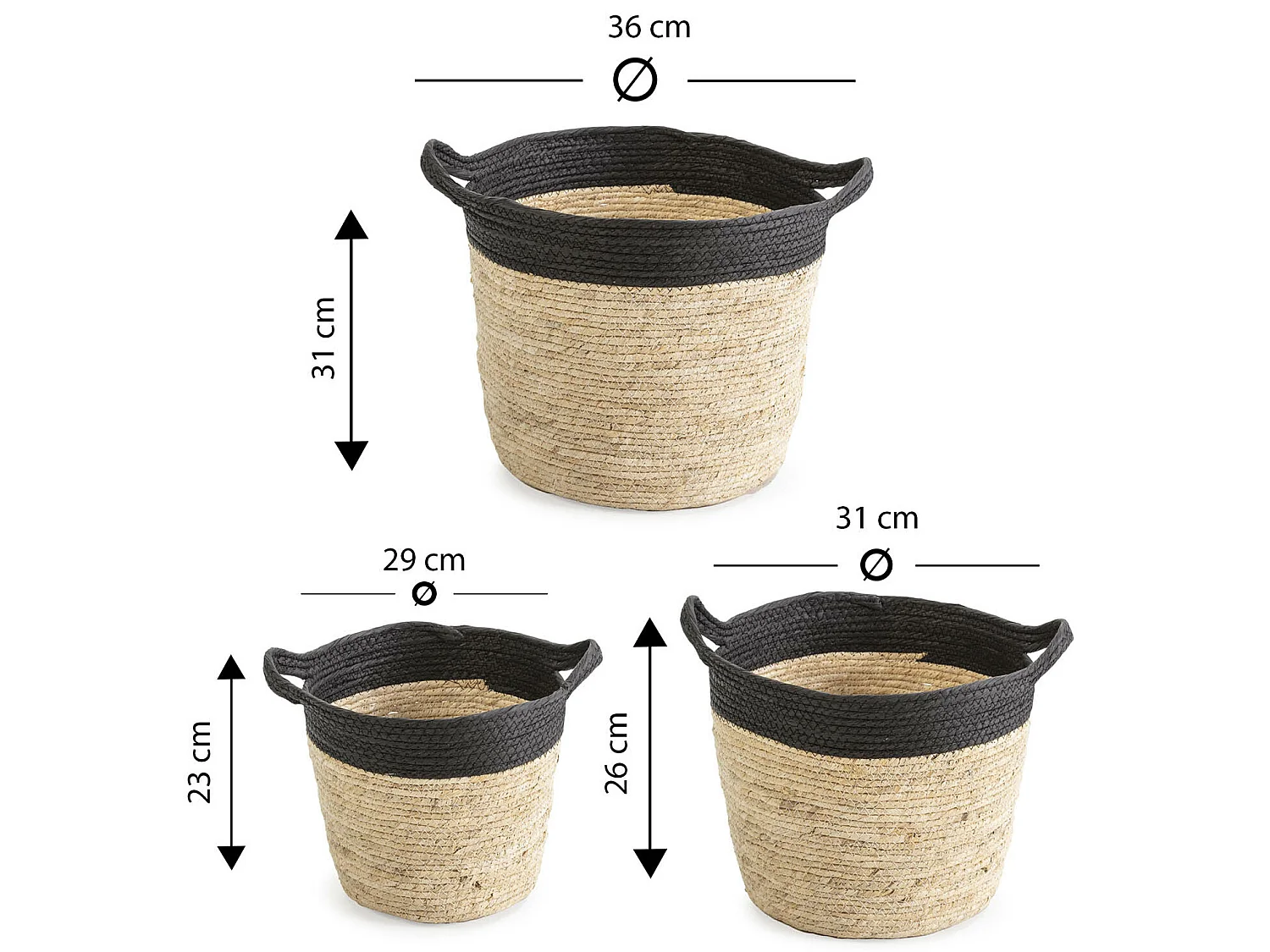 Set de 3 paniers Otilia fibre naturelle et papier, noir/beige