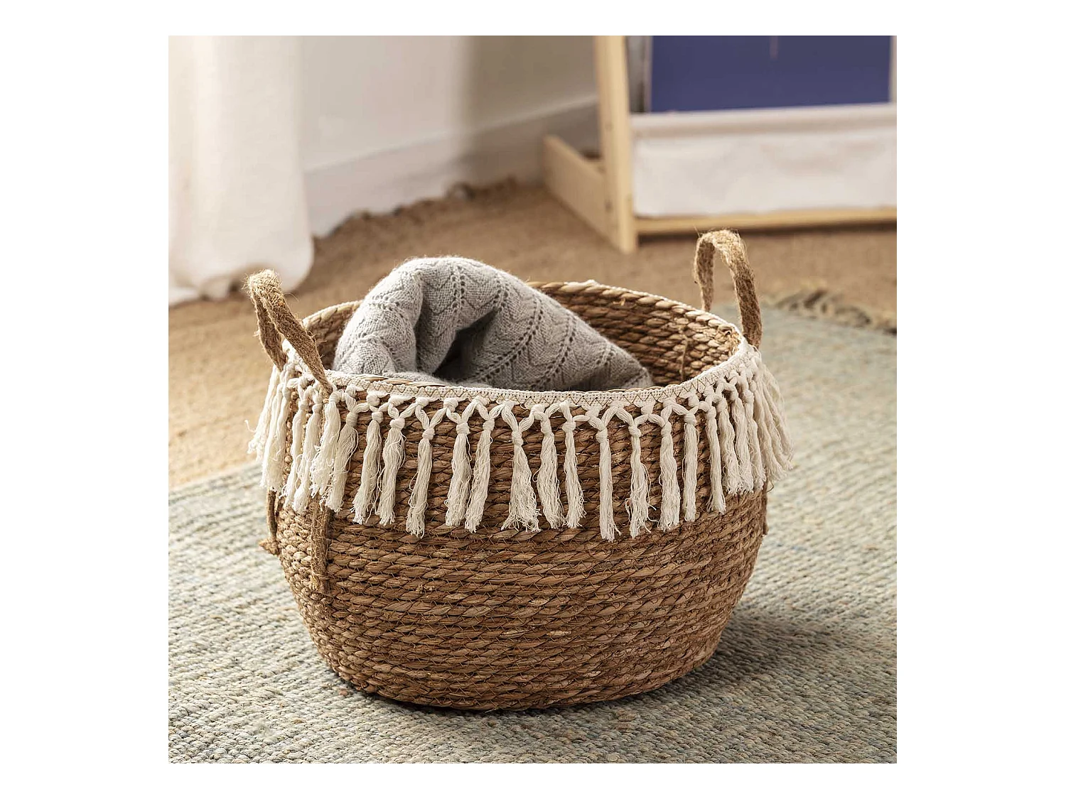 Set de 3 cestas Jula de fibra natural con asas, blanco/natural