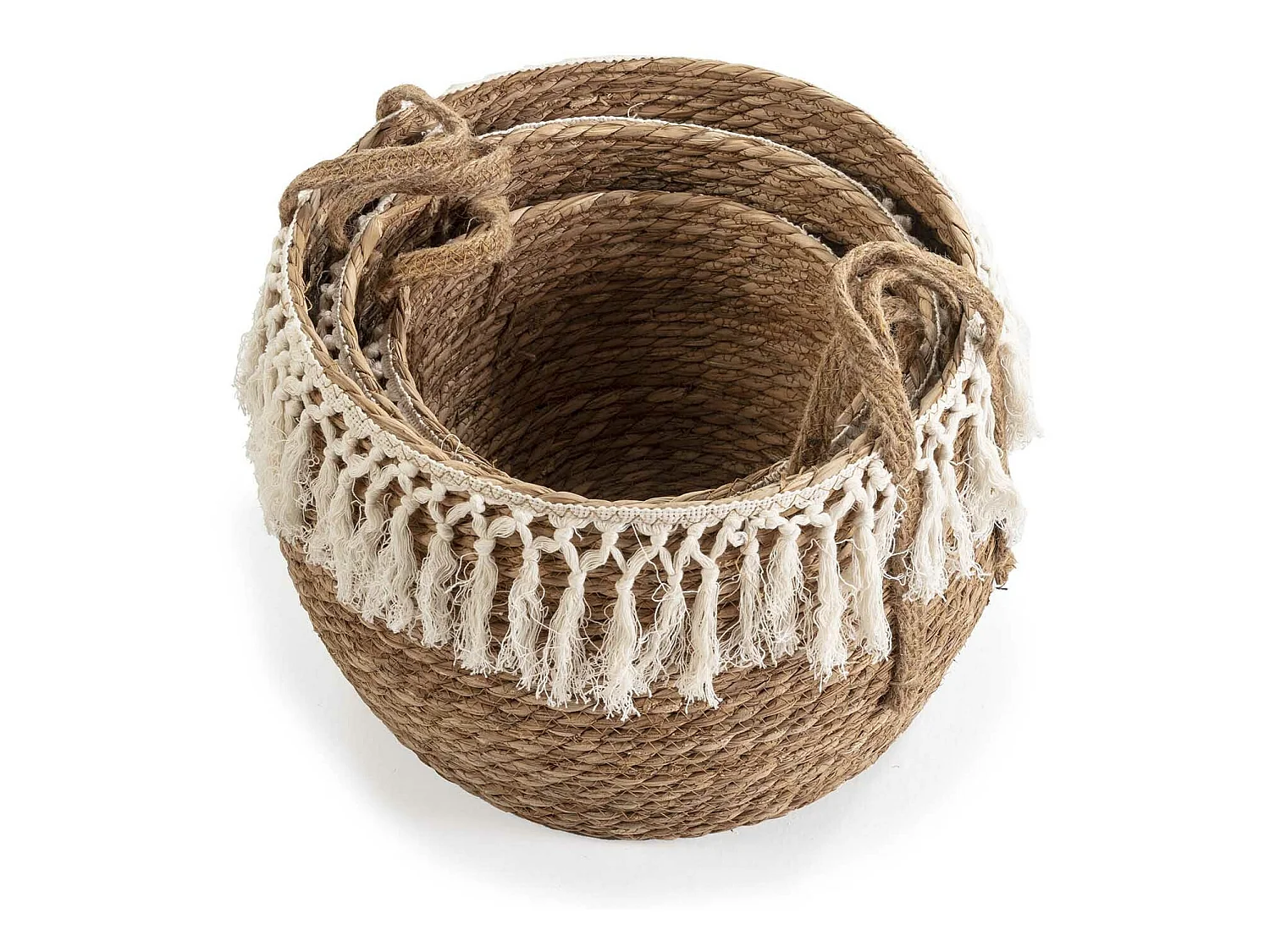 Conjunto de 3 cestas Jula de fibra natural com alças, branco/natural.