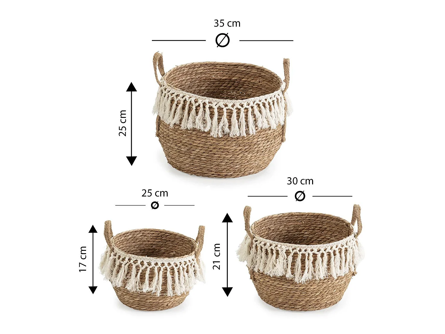 Conjunto de 3 cestas Jula de fibra natural com alças, branco/natural.