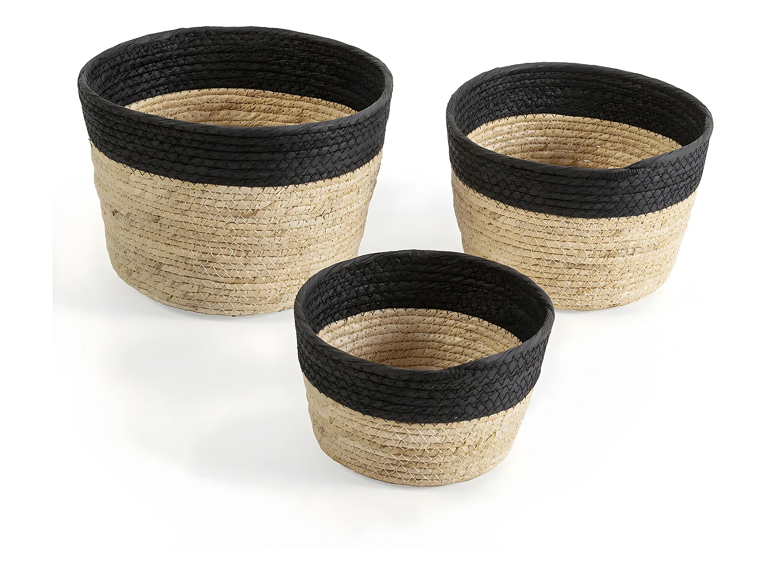 Set di 3 cestini Nati in fibra naturale e carta, nero/beige