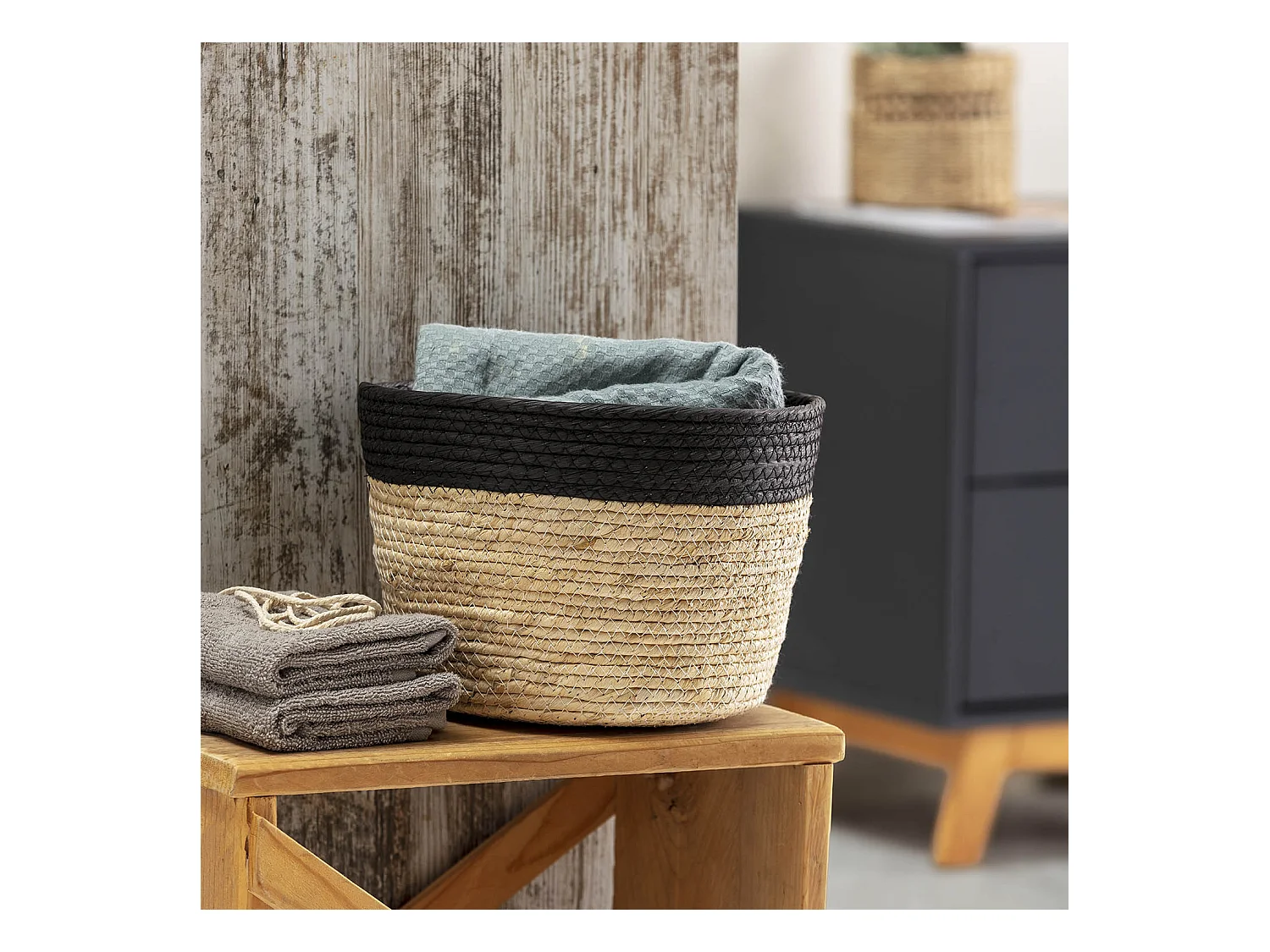 Set di 3 cestini Nati in fibra naturale e carta, nero/beige