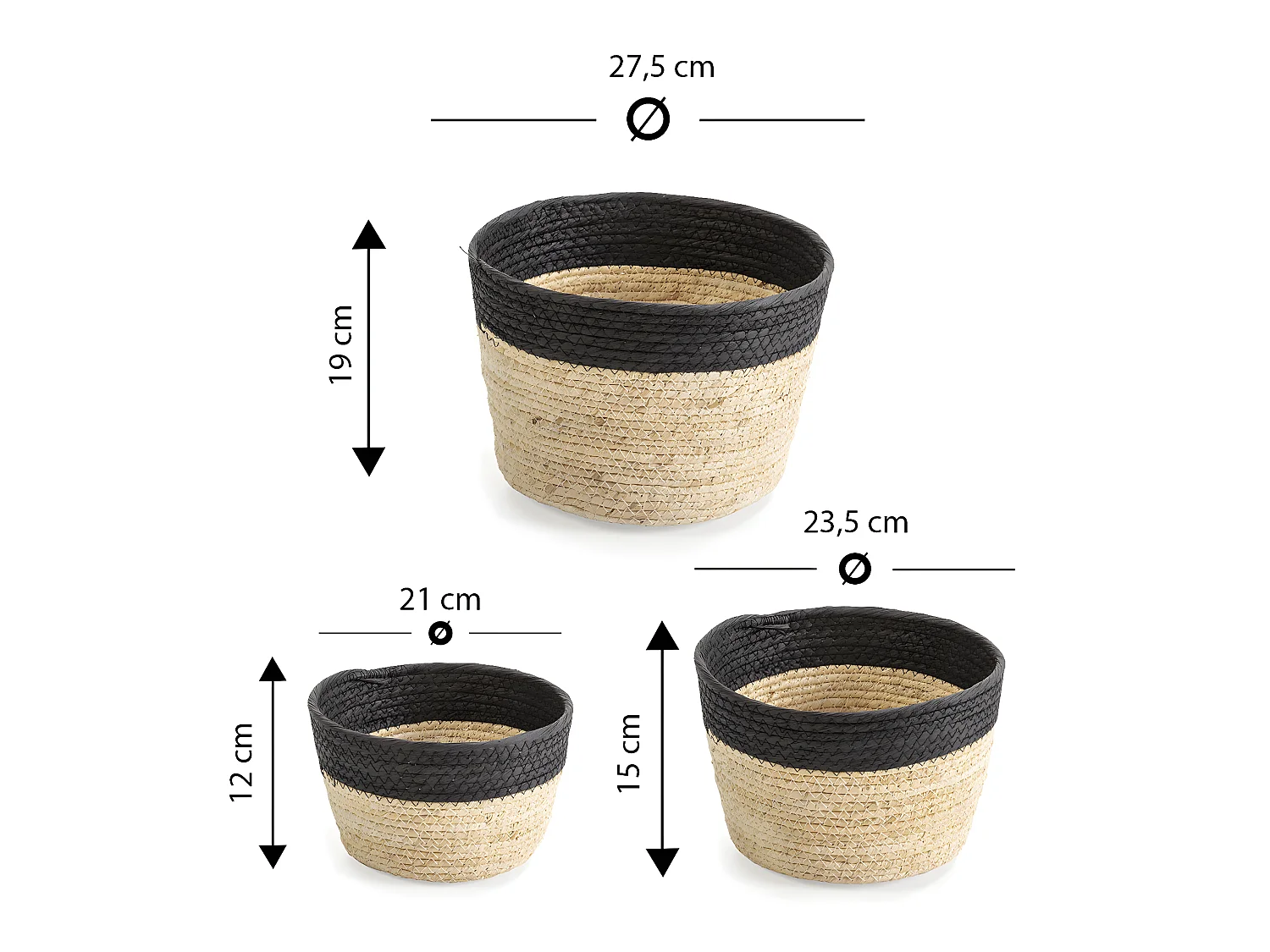 Set van 3 Nati-manden van natuurlijke vezels en papier, zwart/beige.