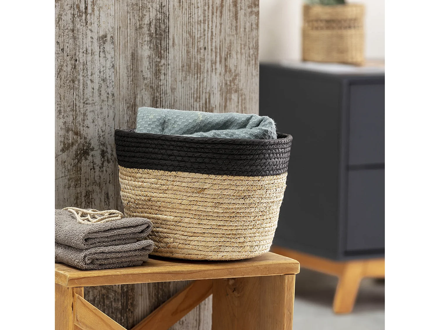 Set de 3 paniers Nati fibre naturelle et papier, noir/beige