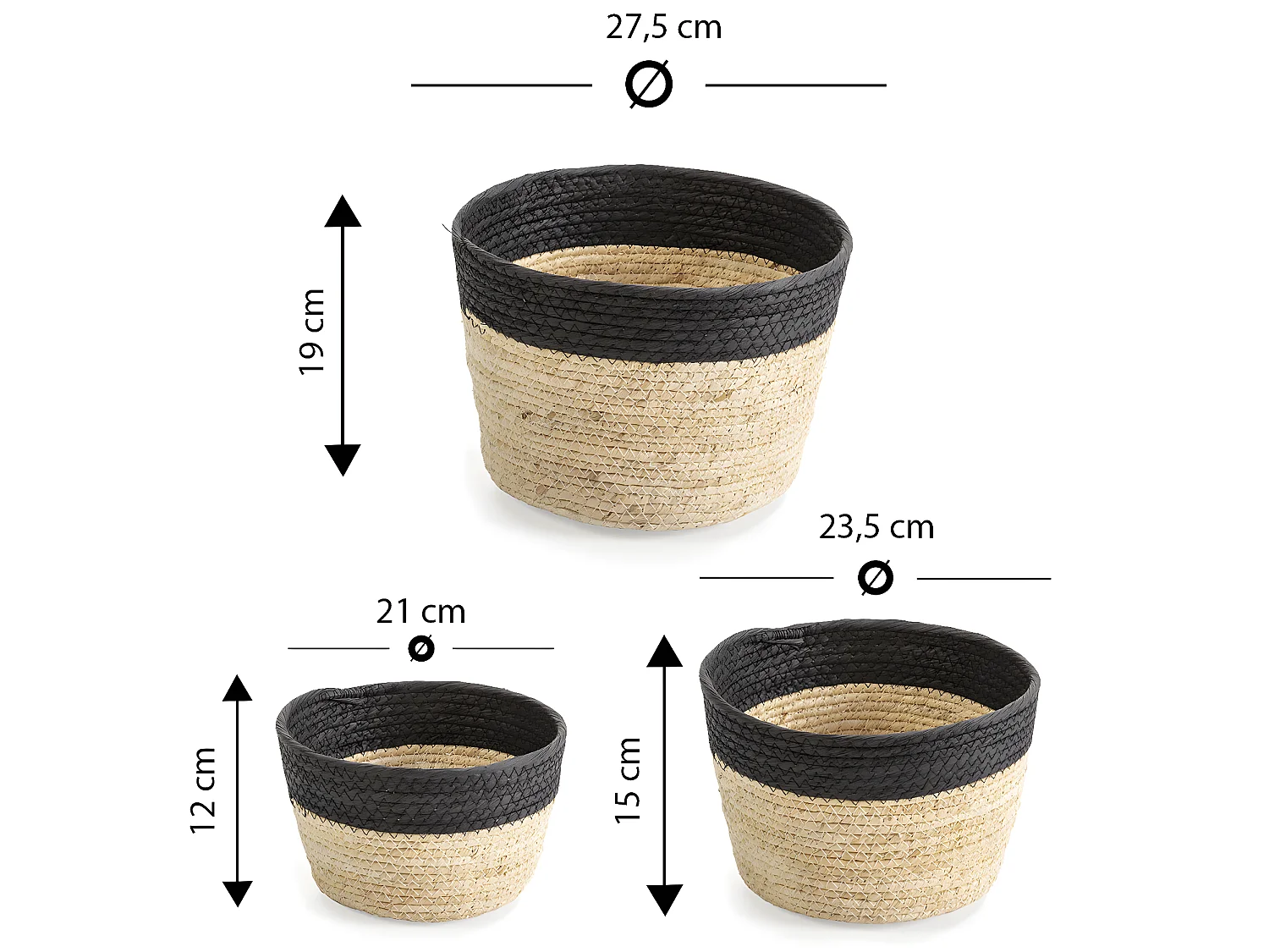 Set de 3 paniers Nati fibre naturelle et papier, noir/beige