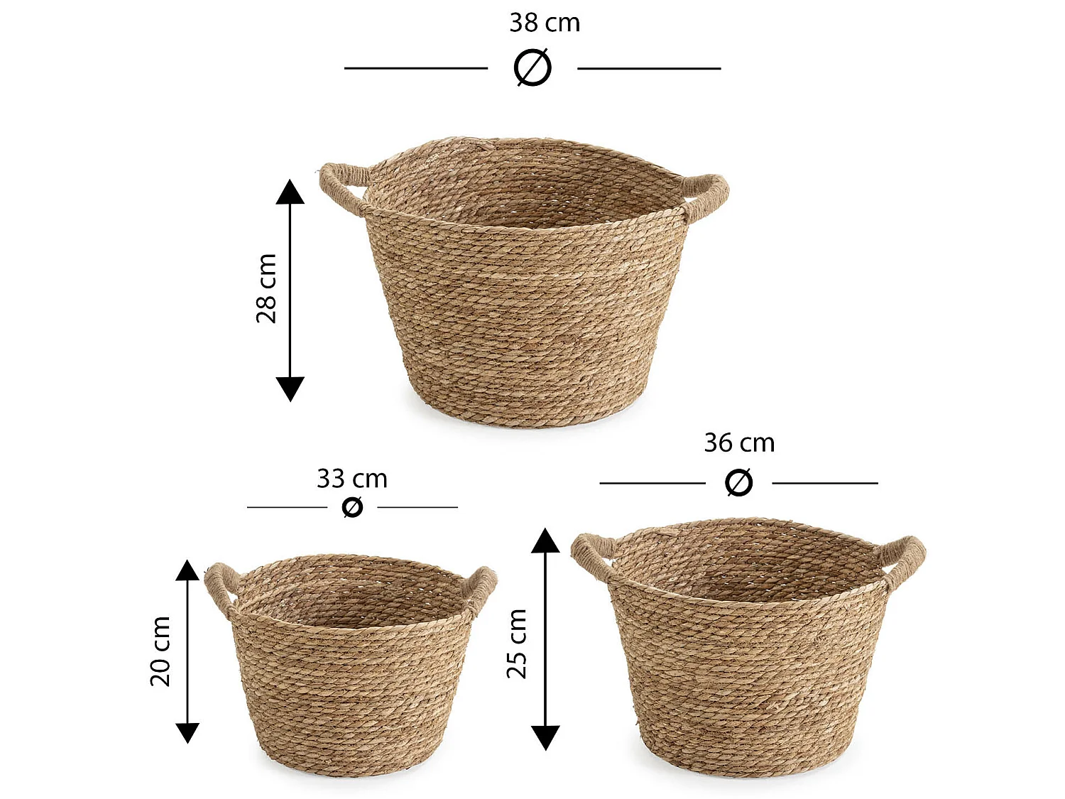 Conjunto de 3 cestas Icia de fibra natural com alças