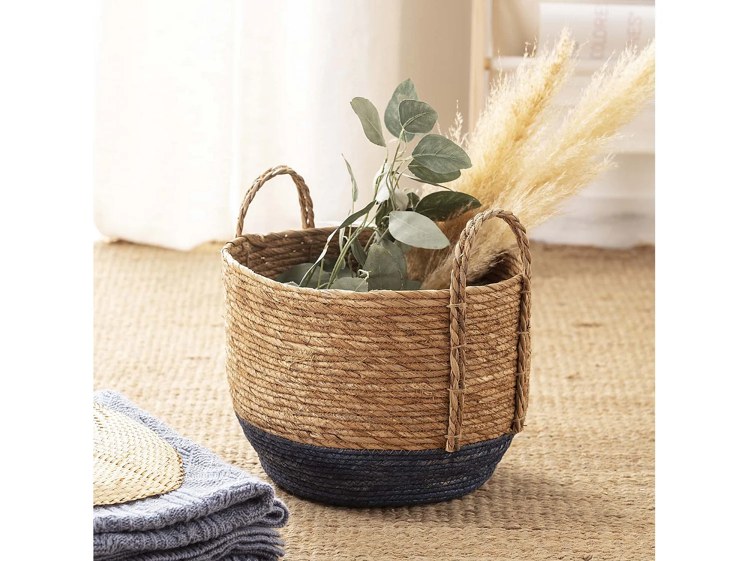 Set de 3 paniers Iria fibre naturelle, bleu/naturel