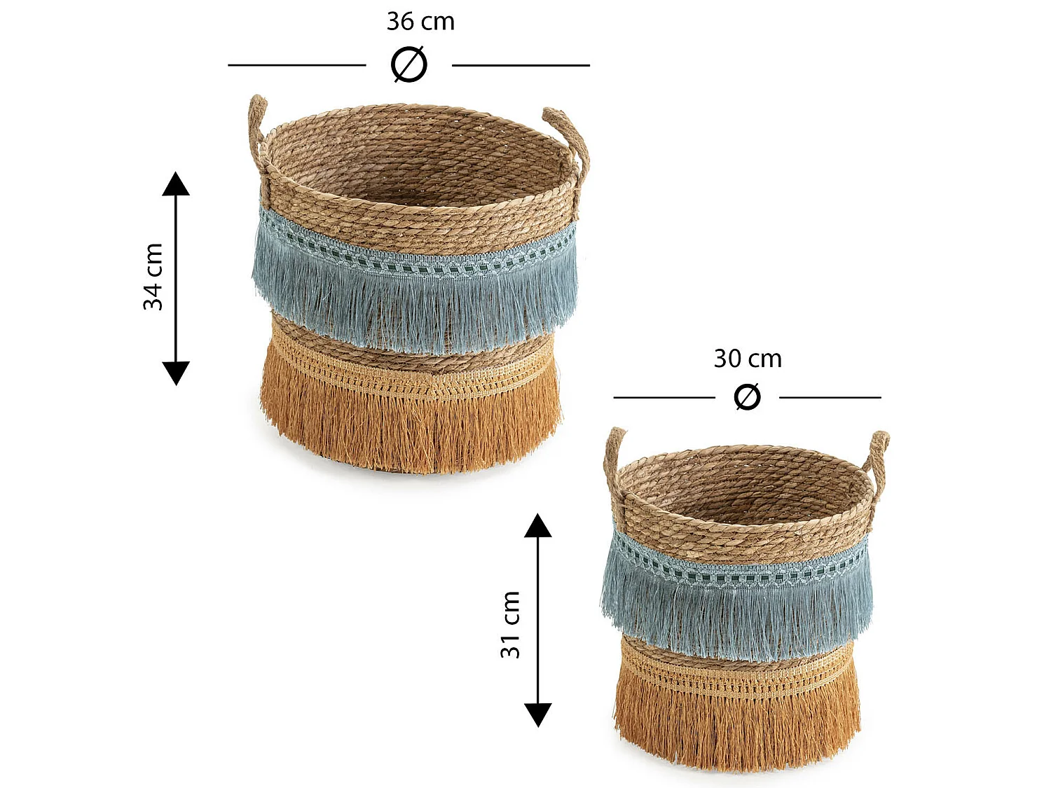 Set de 2 paniers Indie fibre naturelle, bleu/orange