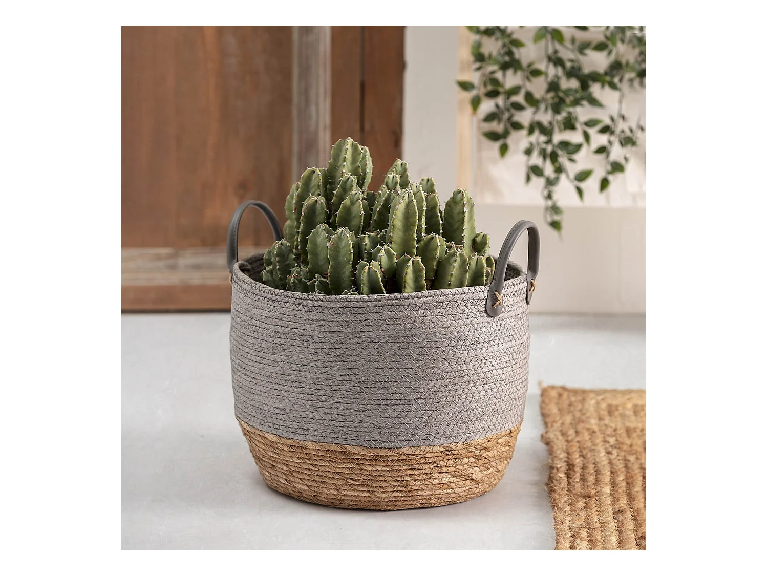 Set de 3 cestas Neves de fibra natural y papel, gris/natural