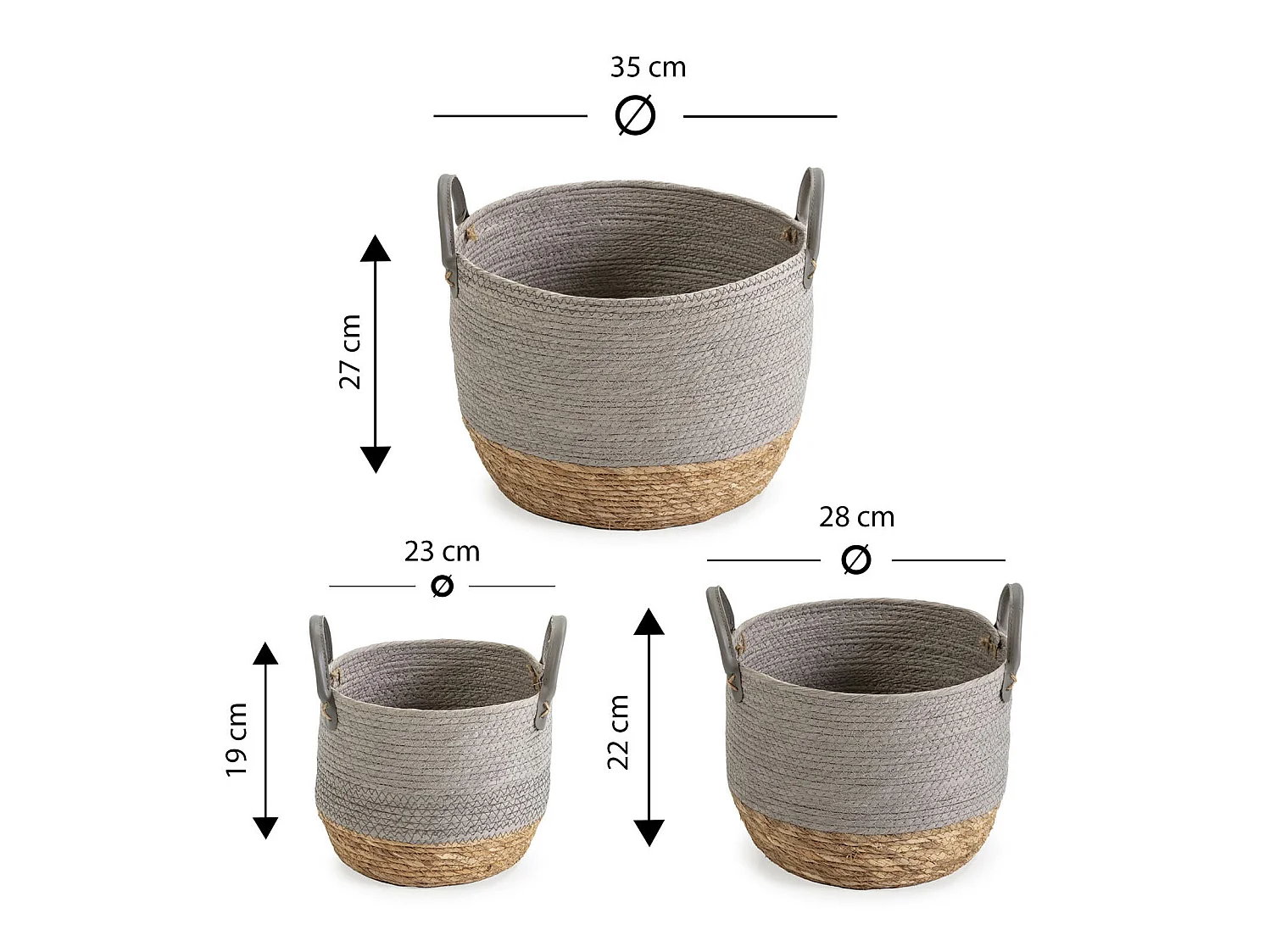 Set de 3 cestas Neves de fibra natural y papel, gris/natural