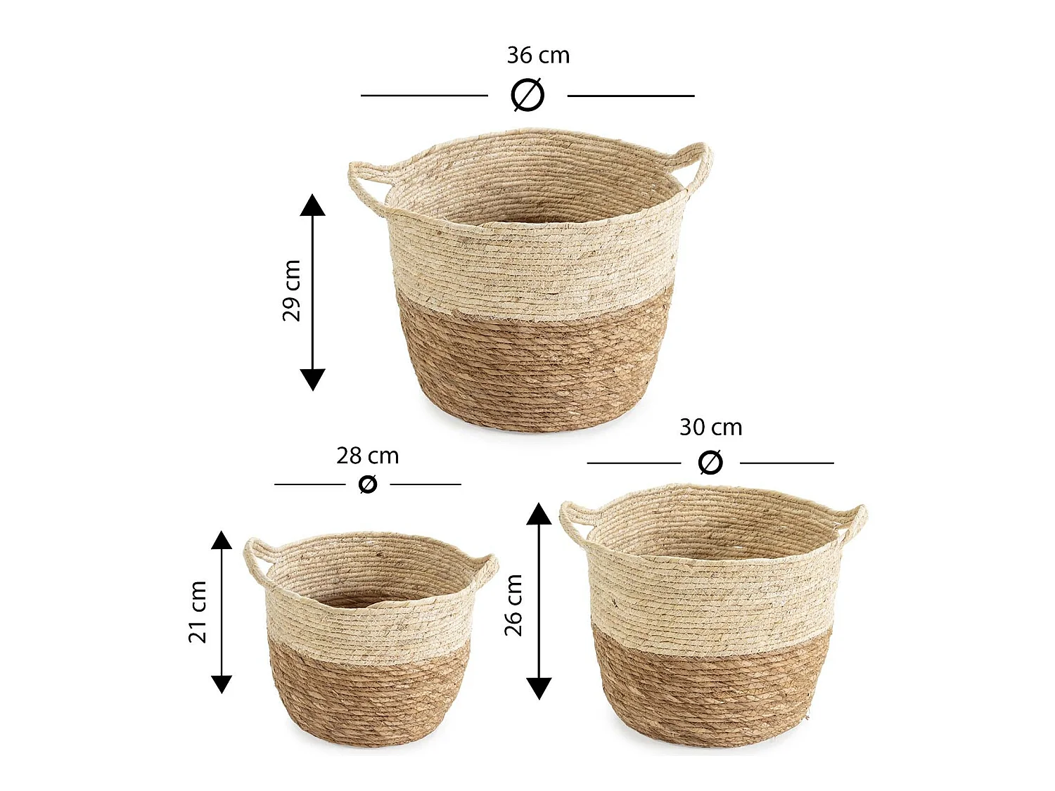 Set van 3 Brais natuurlijke vezelmanden met handvatten, wit/natuurlijk