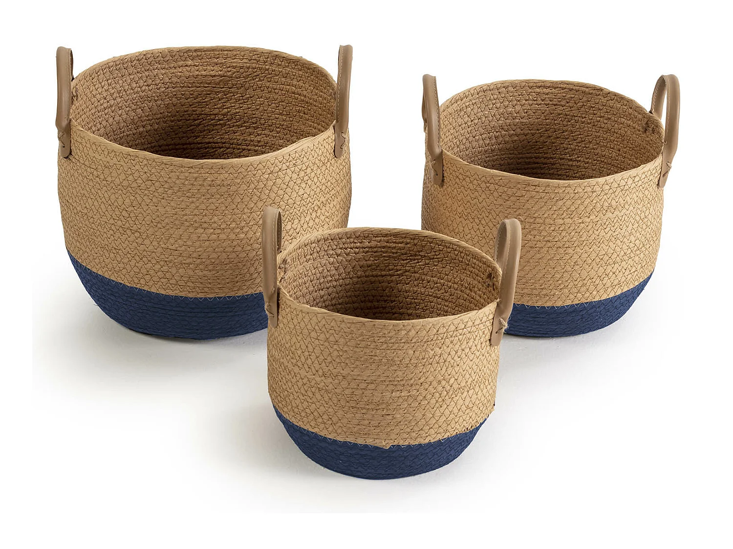 Conjunto de 3 cestas Tecla de fibra natural com alças, azul/natural.