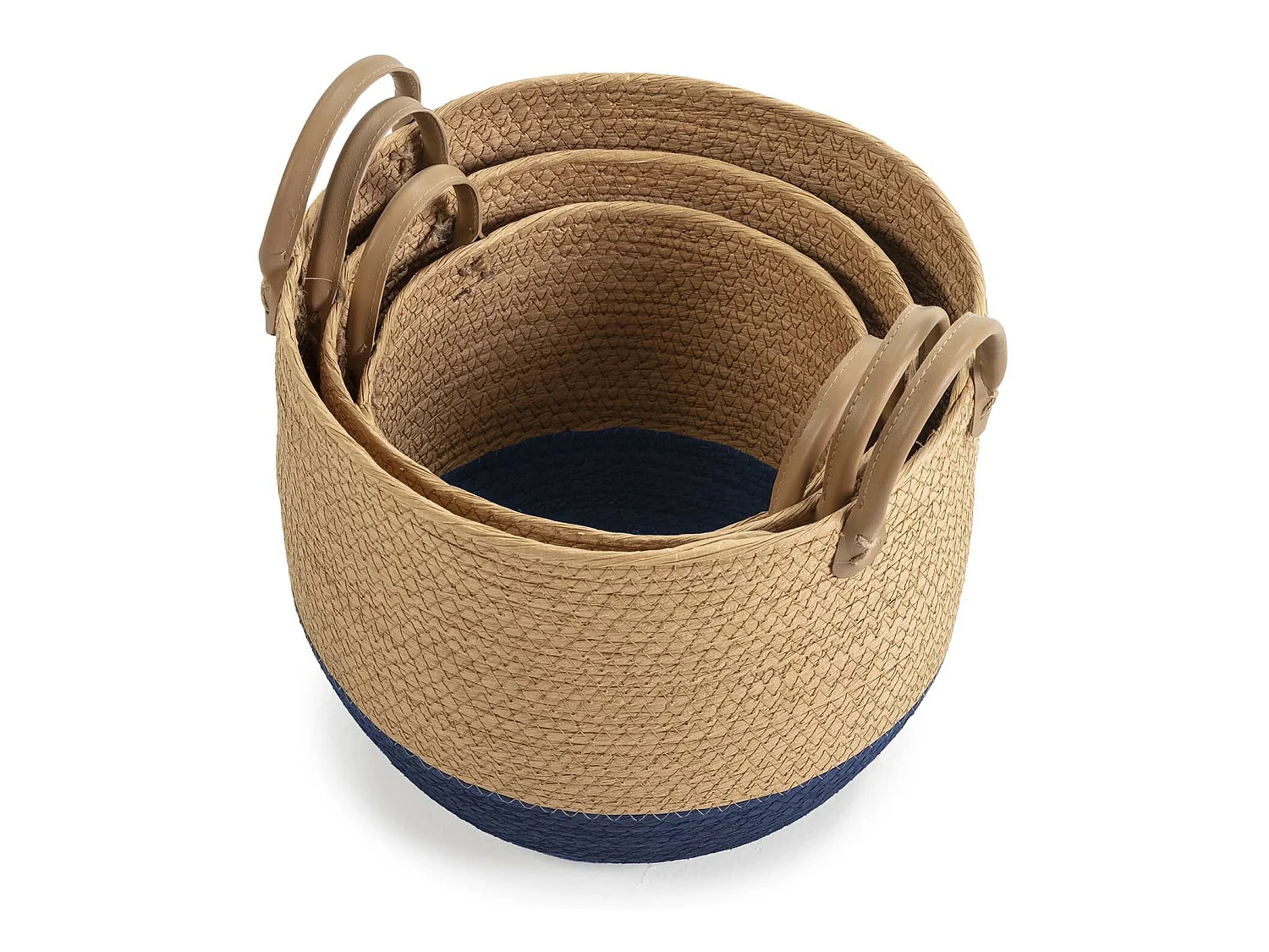Conjunto de 3 cestas Tecla de fibra natural com alças, azul/natural.