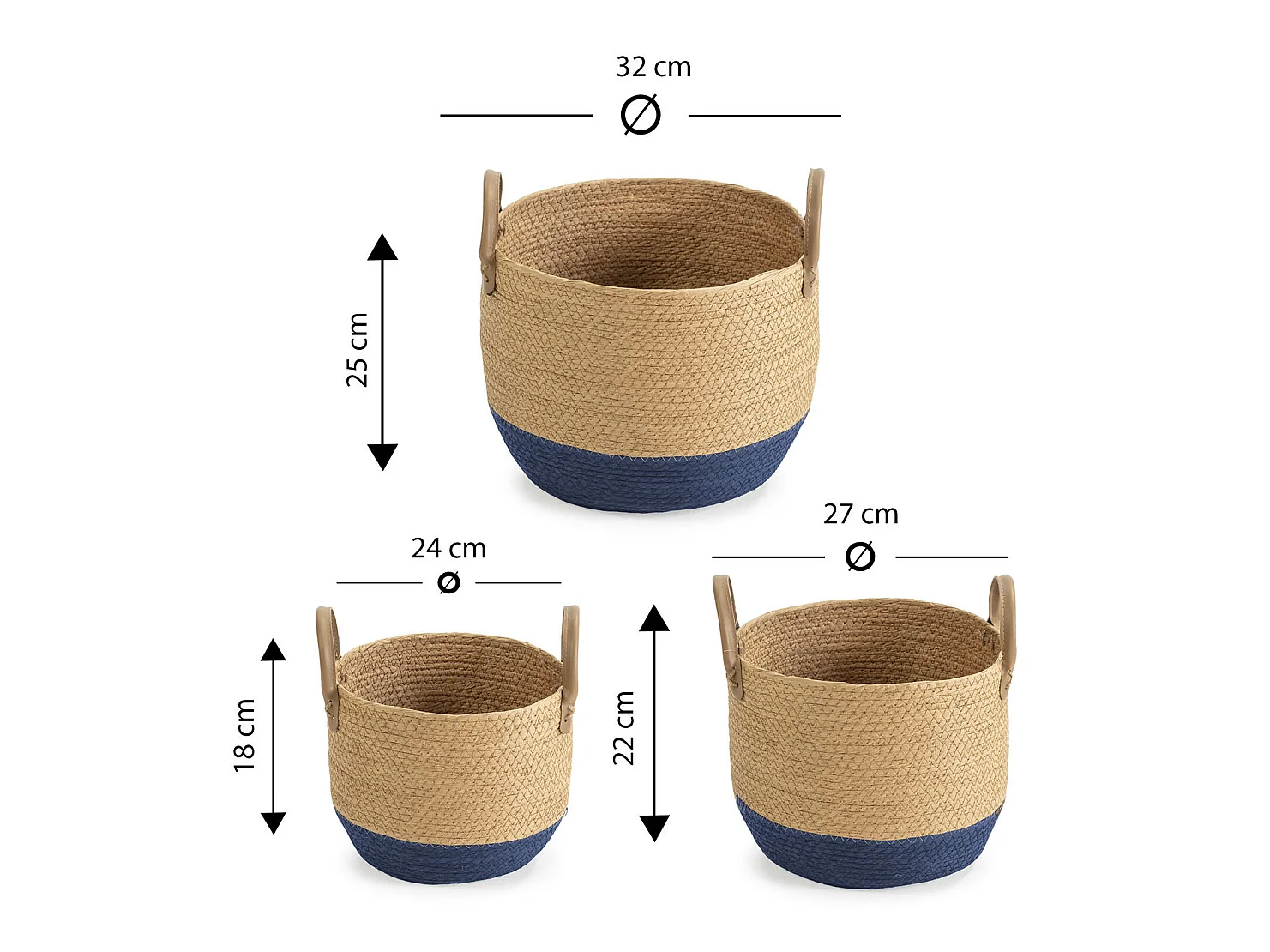 Conjunto de 3 cestas Tecla de fibra natural com alças, azul/natural.