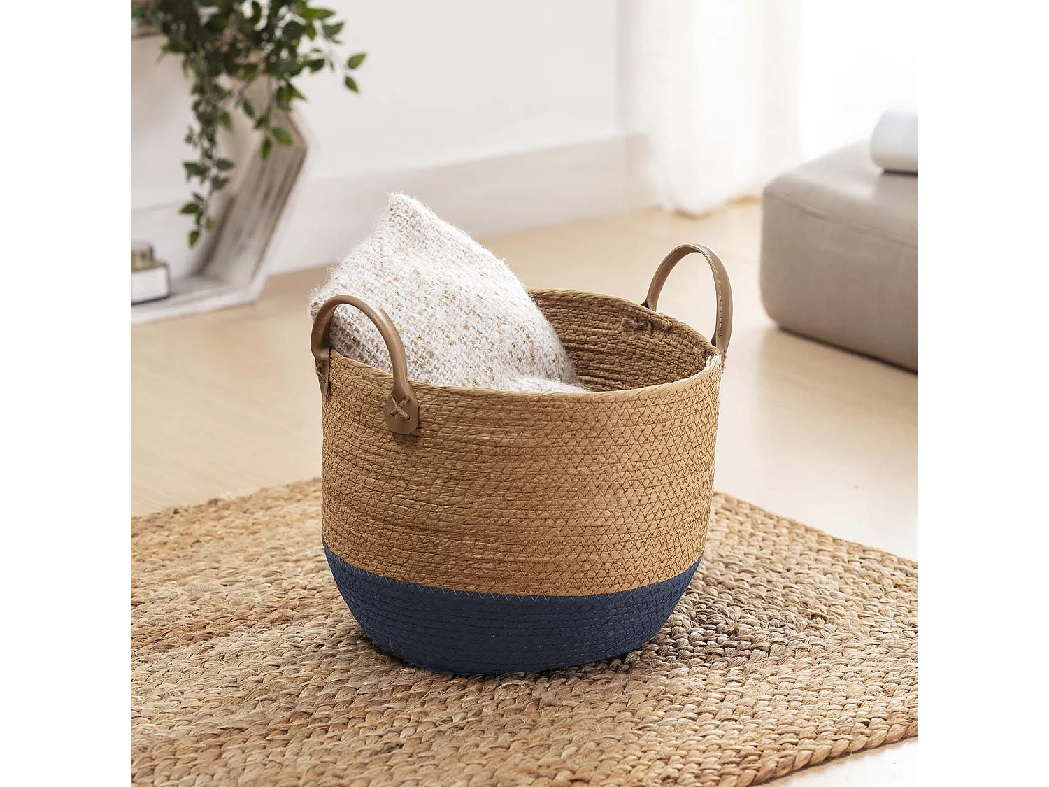 Set de 3 paniers Tecla fibre naturelle, bleu/naturel