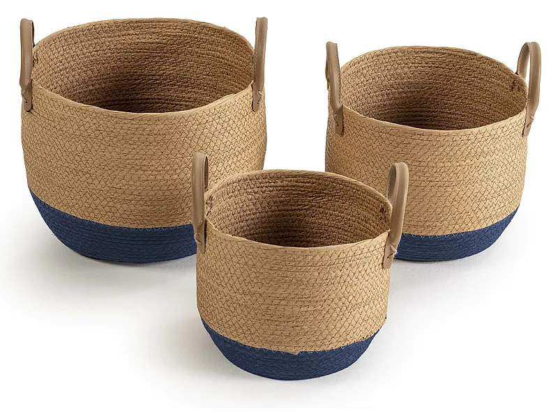 Conjunto de 3 cestas Tecla de fibra natural com alças, azul/natural.