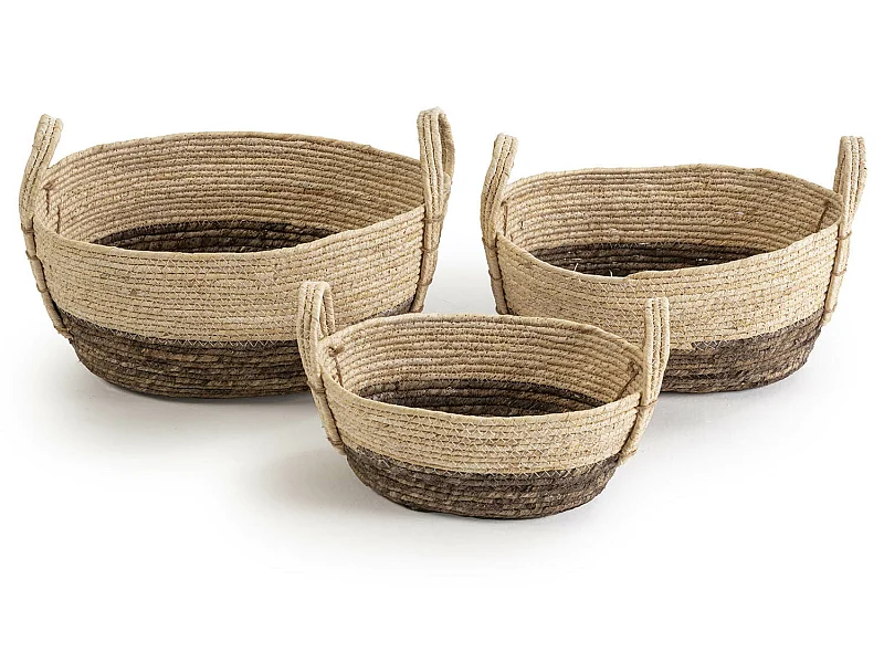 Conjunto de 3 cestas Xiana de fibra natural com alças, branco/marrom.