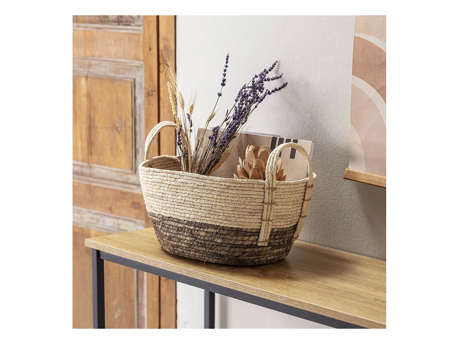 Set van 3 Xiana manden van natuurlijke vezels met handvatten, wit/bruin