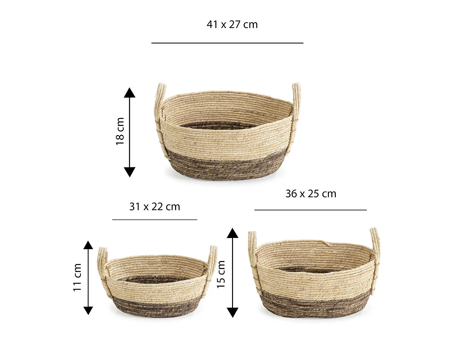 Set van 3 Xiana manden van natuurlijke vezels met handvatten, wit/bruin