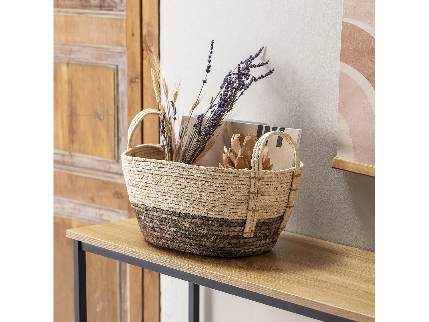 Set de 3 paniers Xiana fibre naturelle, blanc/marron